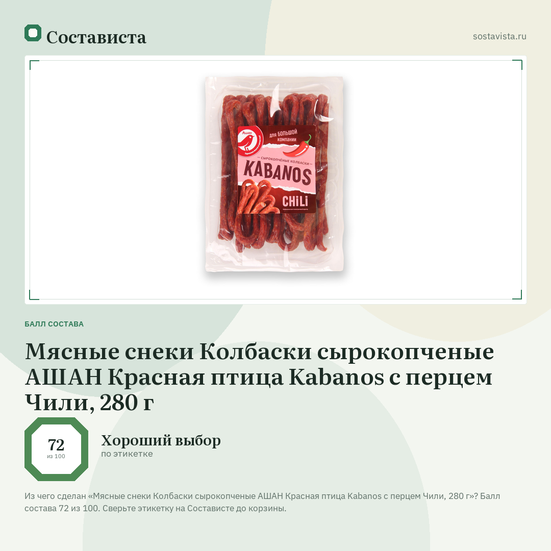 Мясные снеки Колбаски сырокопченые АШАН Красная птица Kabanos с перцем Чили, 280 г: балл состава 72 из 100 — Состависта