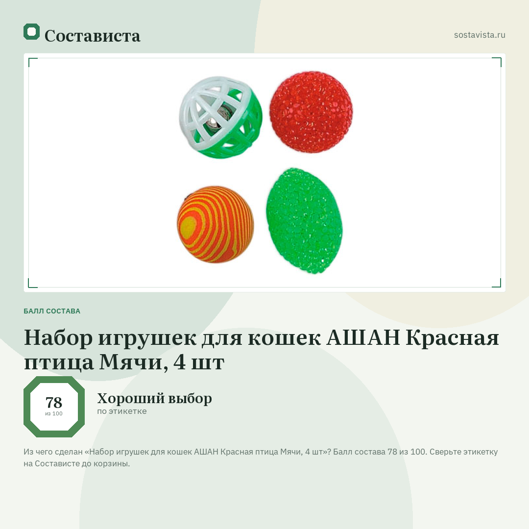 Набор игрушек для кошек АШАН Красная птица Мячи, 4 шт: балл состава 78 из 100 — Состависта