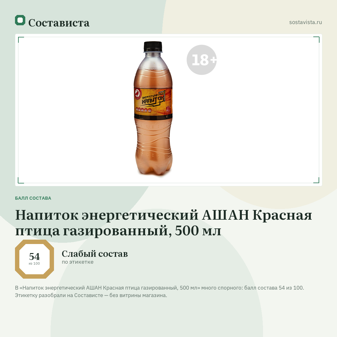 Напиток энергетический АШАН Красная птица газированный, 500 мл: балл состава 54 из 100 — Состависта
