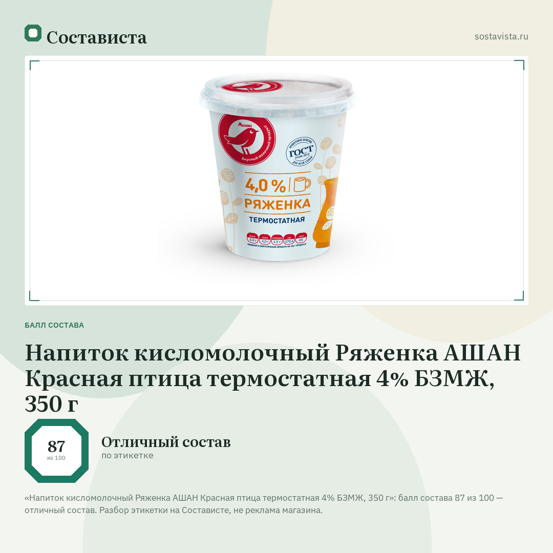 Напиток кисломолочный Ряженка АШАН Красная птица термостатная 4% БЗМЖ, 350 г: балл состава 87 из 100 — Состависта