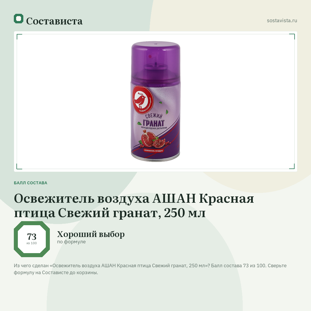 Освежитель воздуха АШАН Красная птица Свежий гранат, 250 мл: балл состава 73 из 100 — Состависта