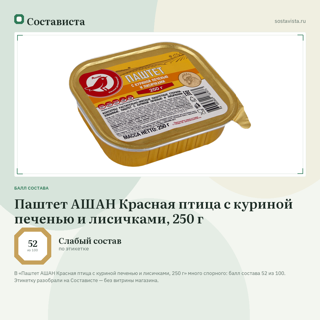 Паштет АШАН Красная птица с куриной печенью и лисичками, 250 г: балл состава 52 из 100 — Состависта