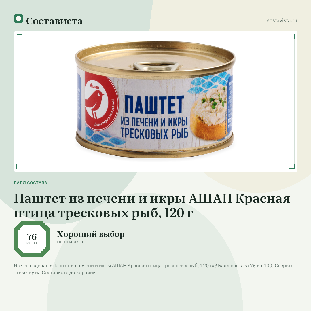 Паштет из печени и икры АШАН Красная птица тресковых рыб, 120 г: балл состава 76 из 100 — Состависта