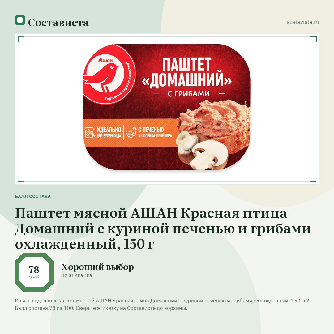 Паштет мясной АШАН Красная птица Домашний с куриной печенью и грибами охлажденный, 150 г: балл состава 78 из 100 — Состависта
