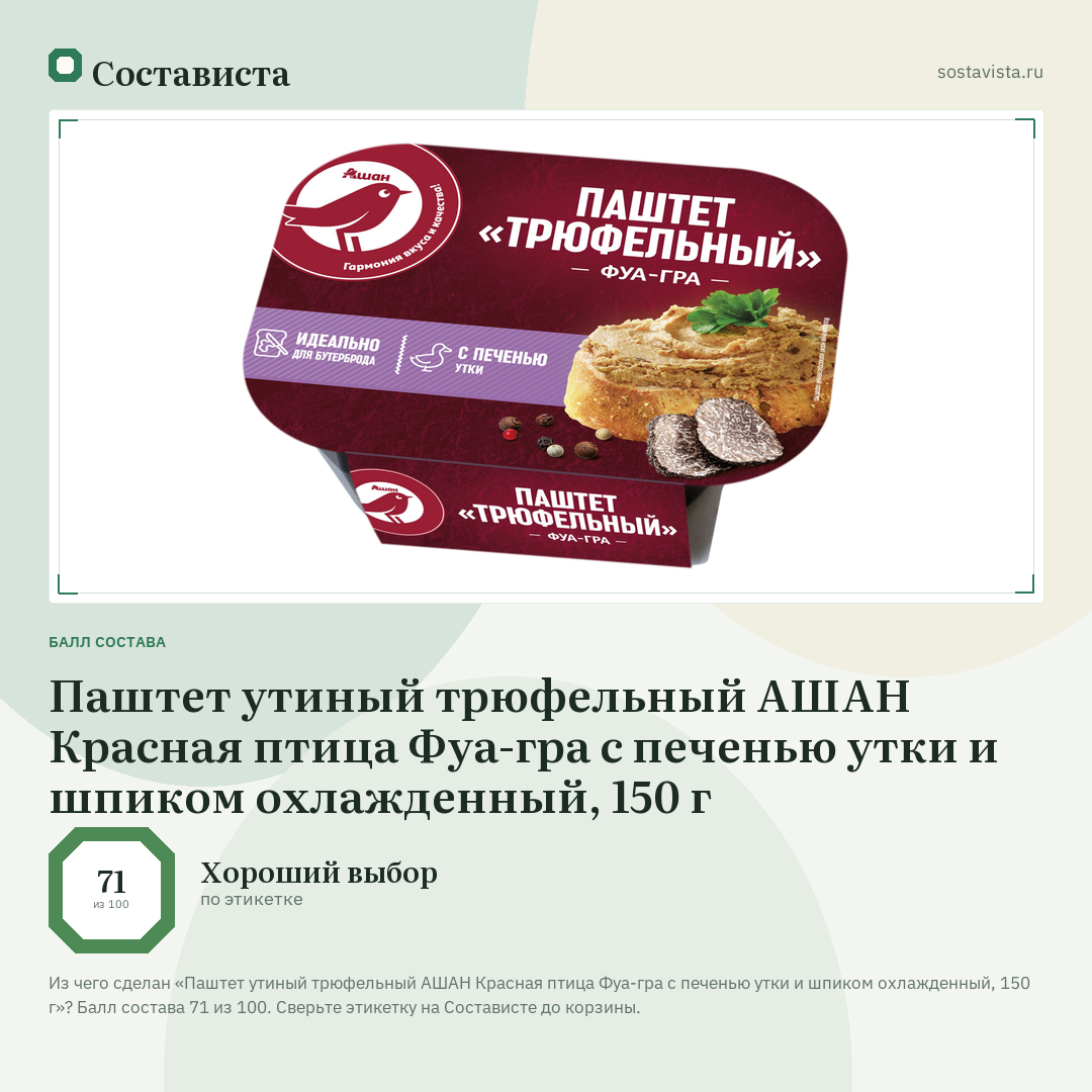 Паштет утиный трюфельный АШАН Красная птица Фуа-гра с печенью утки и шпиком охлажденный, 150 г: балл состава 71 из 100 — Состависта