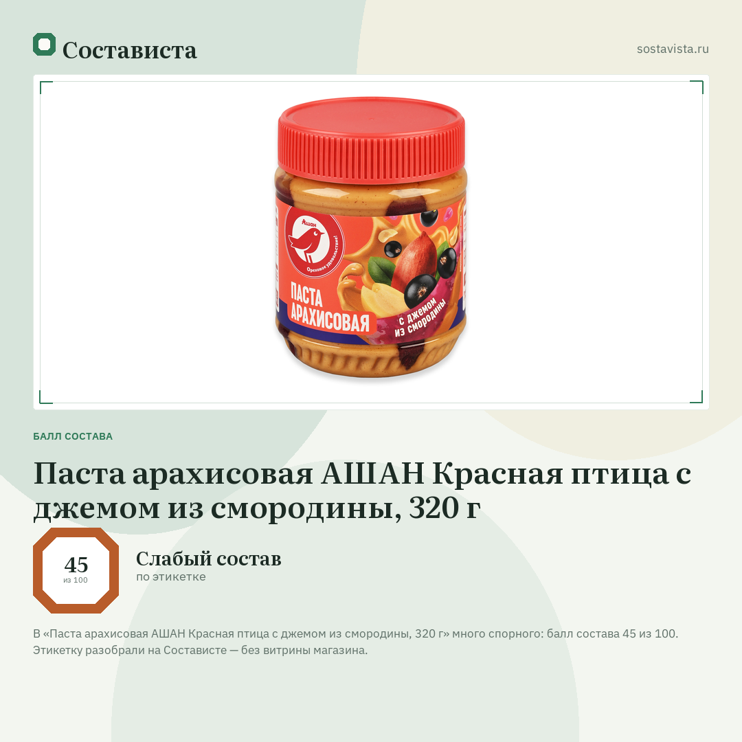 Паста арахисовая АШАН Красная птица с джемом из смородины, 320 г: балл состава 45 из 100 — Состависта