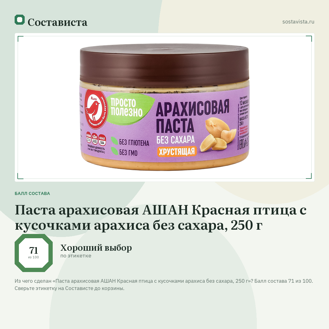 Паста арахисовая АШАН Красная птица с кусочками арахиса без сахара, 250 г: балл состава 71 из 100 — Состависта