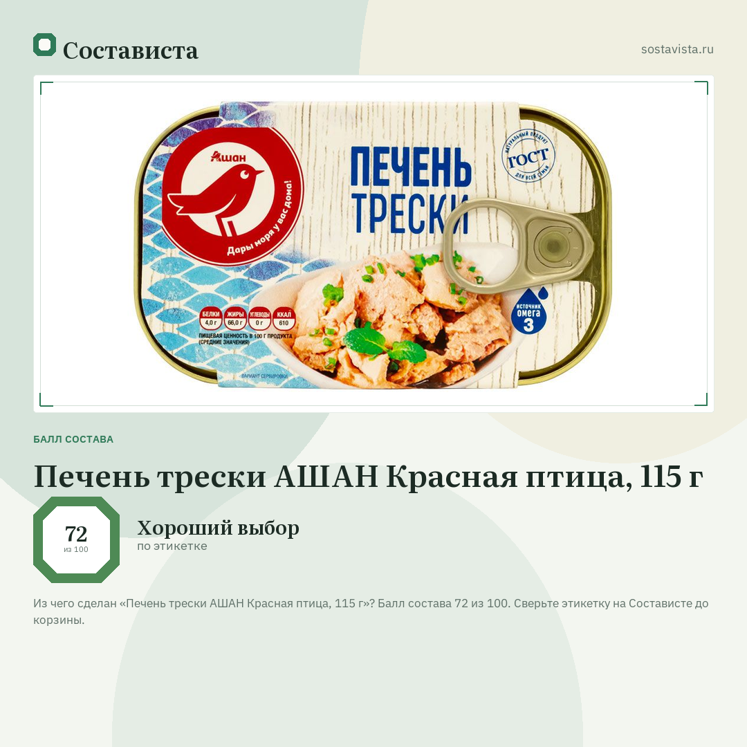 Печень трески АШАН Красная птица, 115 г: балл состава 72 из 100 — Состависта