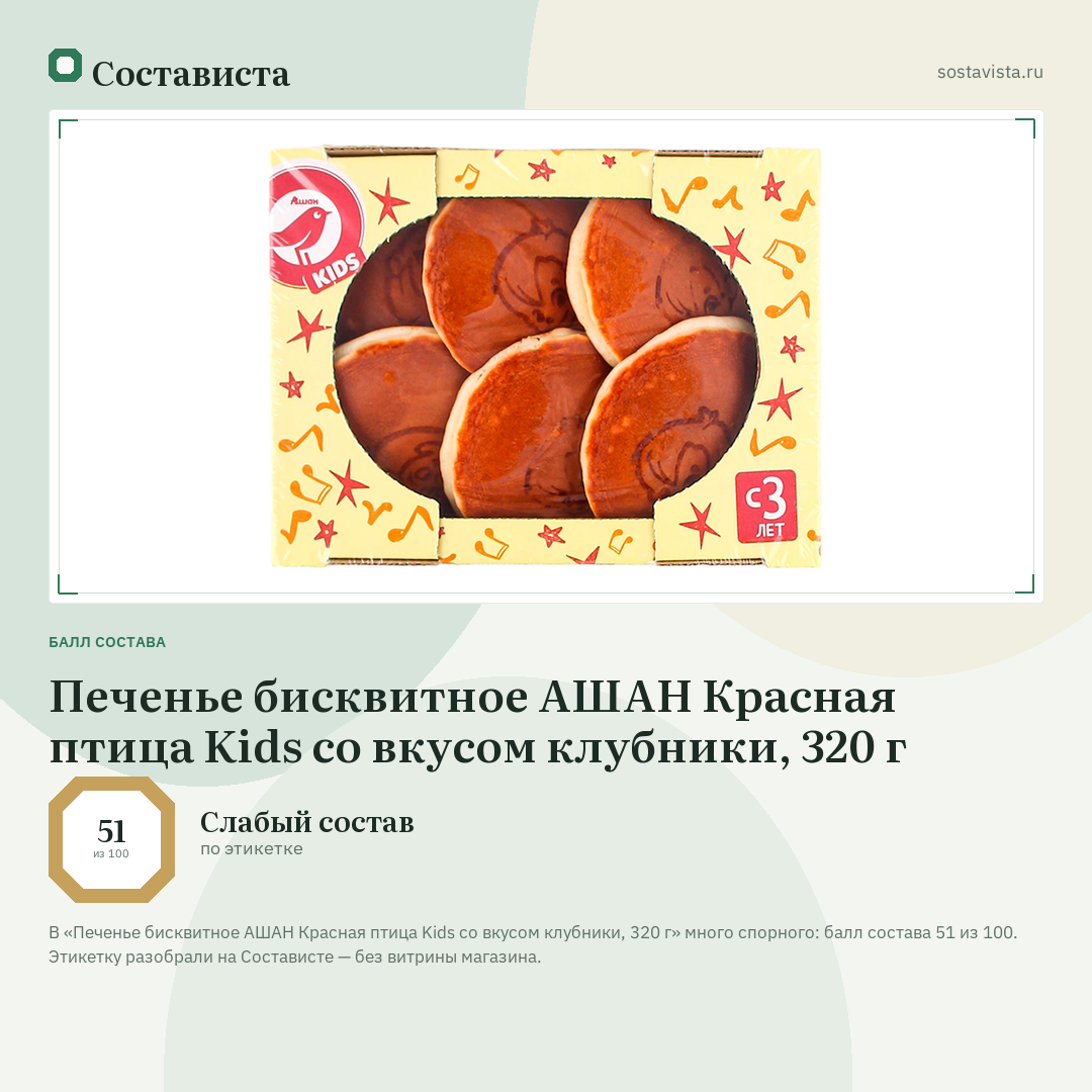 Печенье бисквитное АШАН Красная птица Kids со вкусом клубники, 320 г: балл состава 51 из 100 — Состависта