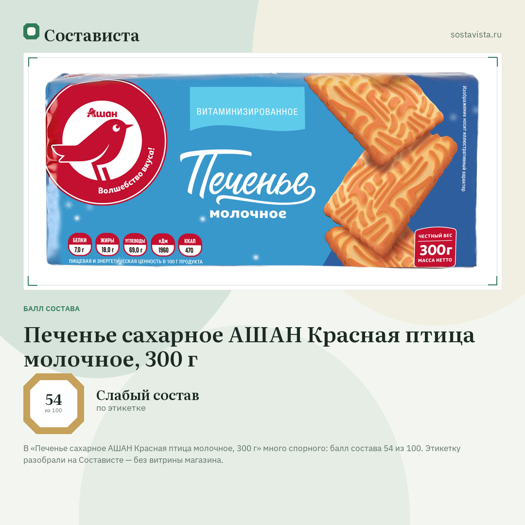 Печенье сахарное АШАН Красная птица молочное, 300 г: балл состава 54 из 100 — Состависта