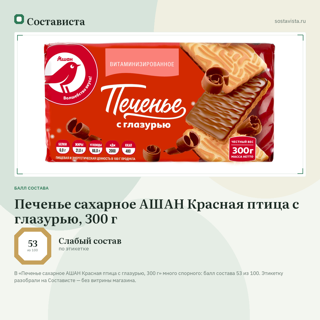 Печенье сахарное АШАН Красная птица с глазурью, 300 г: балл состава 53 из 100 — Состависта