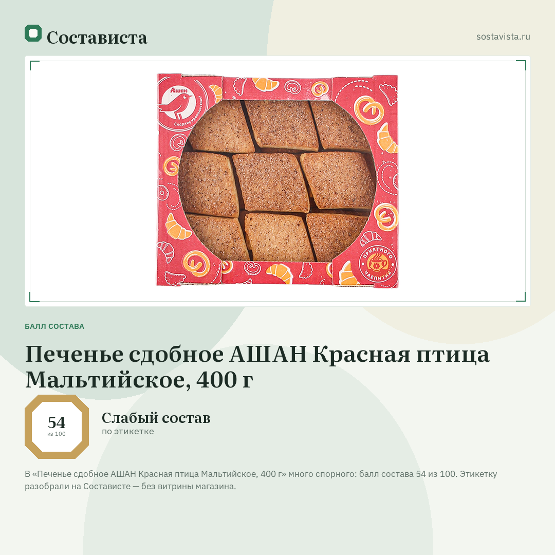 Печенье сдобное АШАН Красная птица Мальтийское, 400 г: балл состава 54 из 100 — Состависта