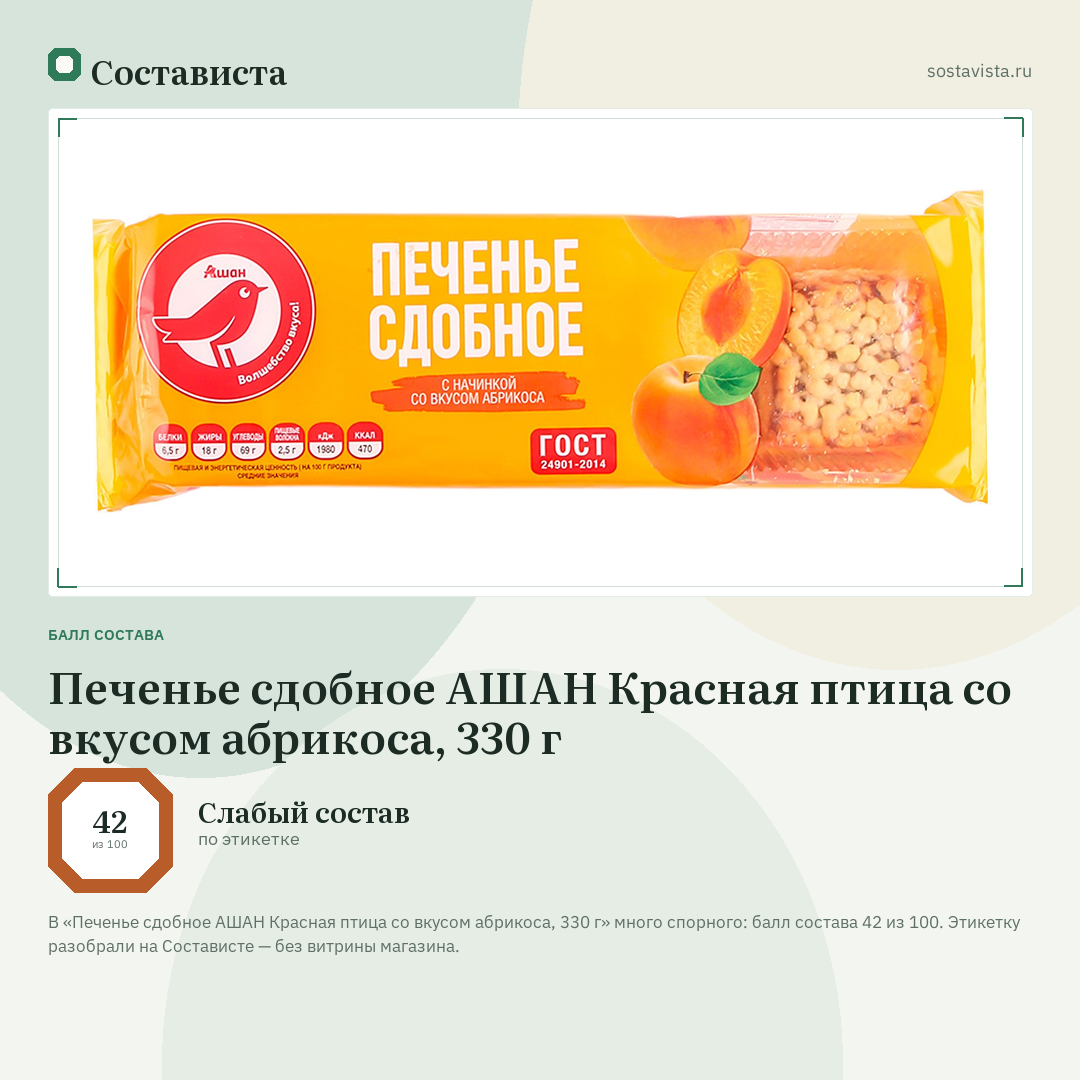 Печенье сдобное АШАН Красная птица со вкусом абрикоса, 330 г: балл состава 42 из 100 — Состависта