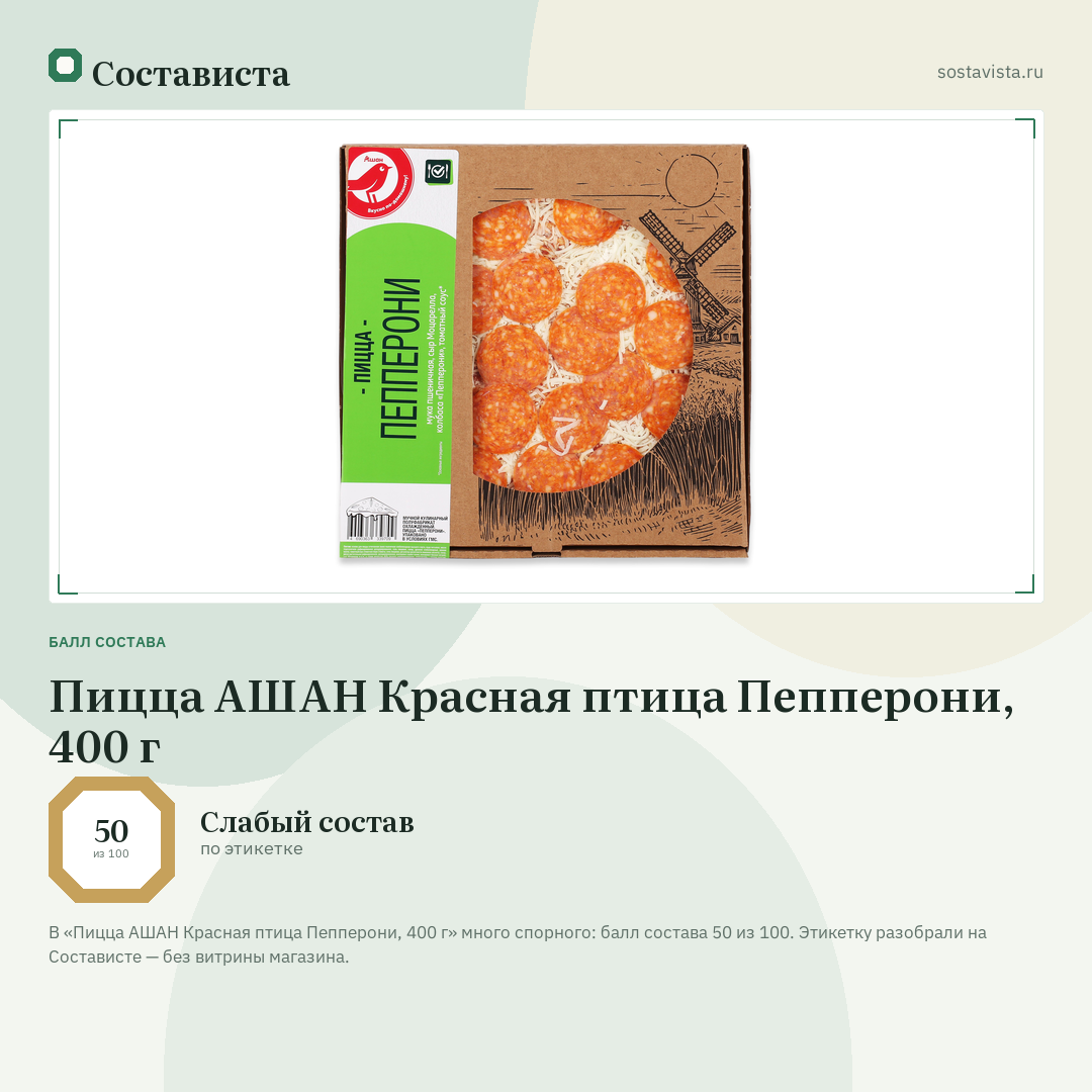 Пицца АШАН Красная птица Пепперони, 400 г: балл состава 50 из 100 — Состависта