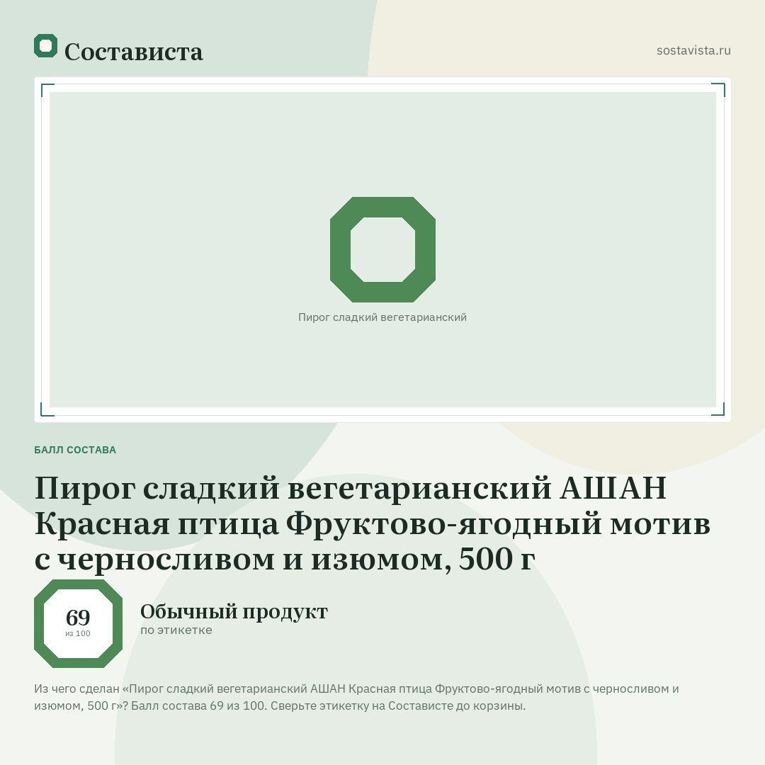 Пирог сладкий вегетарианский АШАН Красная птица Фруктово-ягодный мотив с черносливом и изюмом, 500 г: балл состава 69 из 100 — Состависта