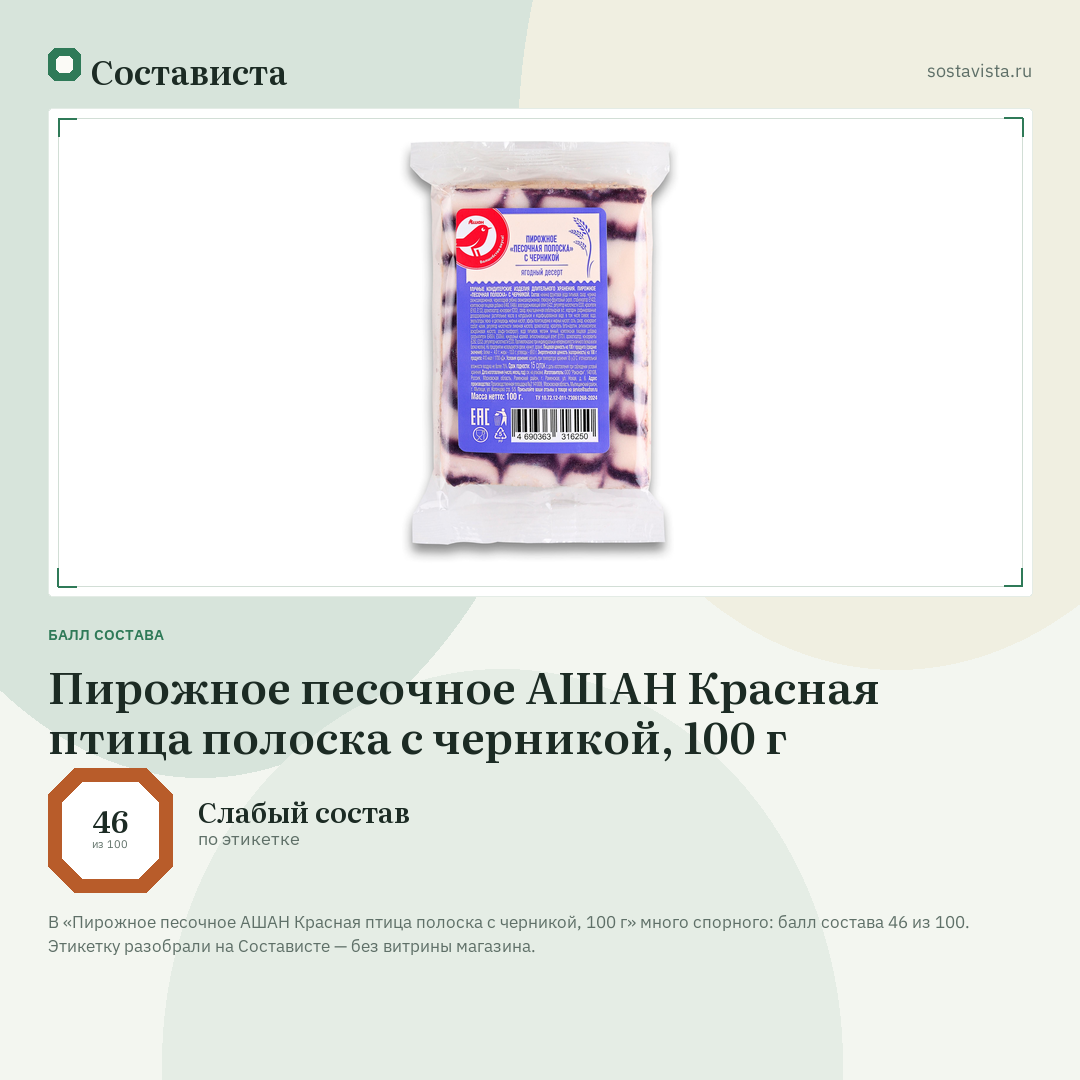 Пирожное песочное АШАН Красная птица полоска с черникой, 100 г: балл состава 46 из 100 — Состависта