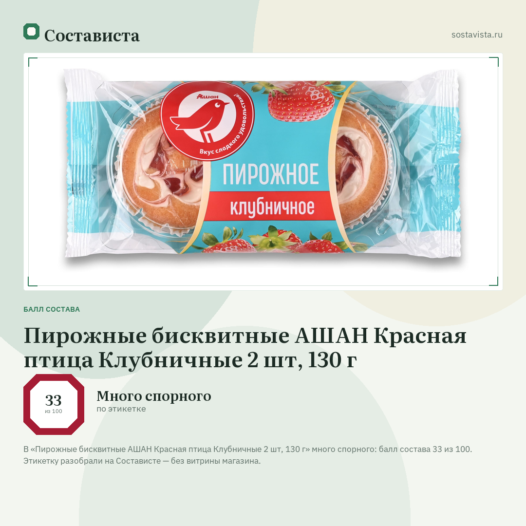 Пирожные бисквитные АШАН Красная птица Клубничные 2 шт, 130 г: балл состава 33 из 100 — Состависта
