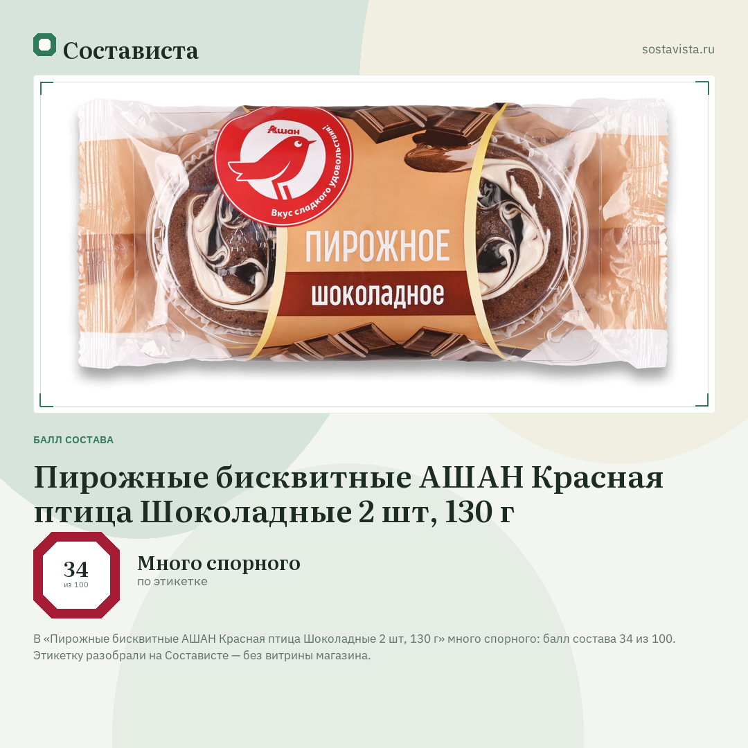 Пирожные бисквитные АШАН Красная птица Шоколадные 2 шт, 130 г: балл состава 34 из 100 — Состависта