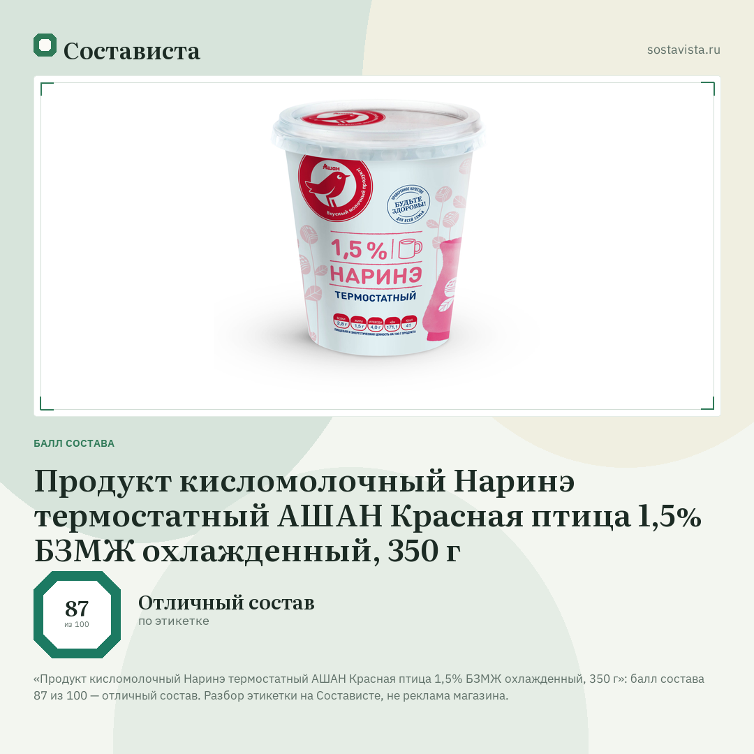 Продукт кисломолочный Наринэ термостатный АШАН Красная птица 1,5% БЗМЖ охлажденный, 350 г: балл состава 87 из 100 — Состависта