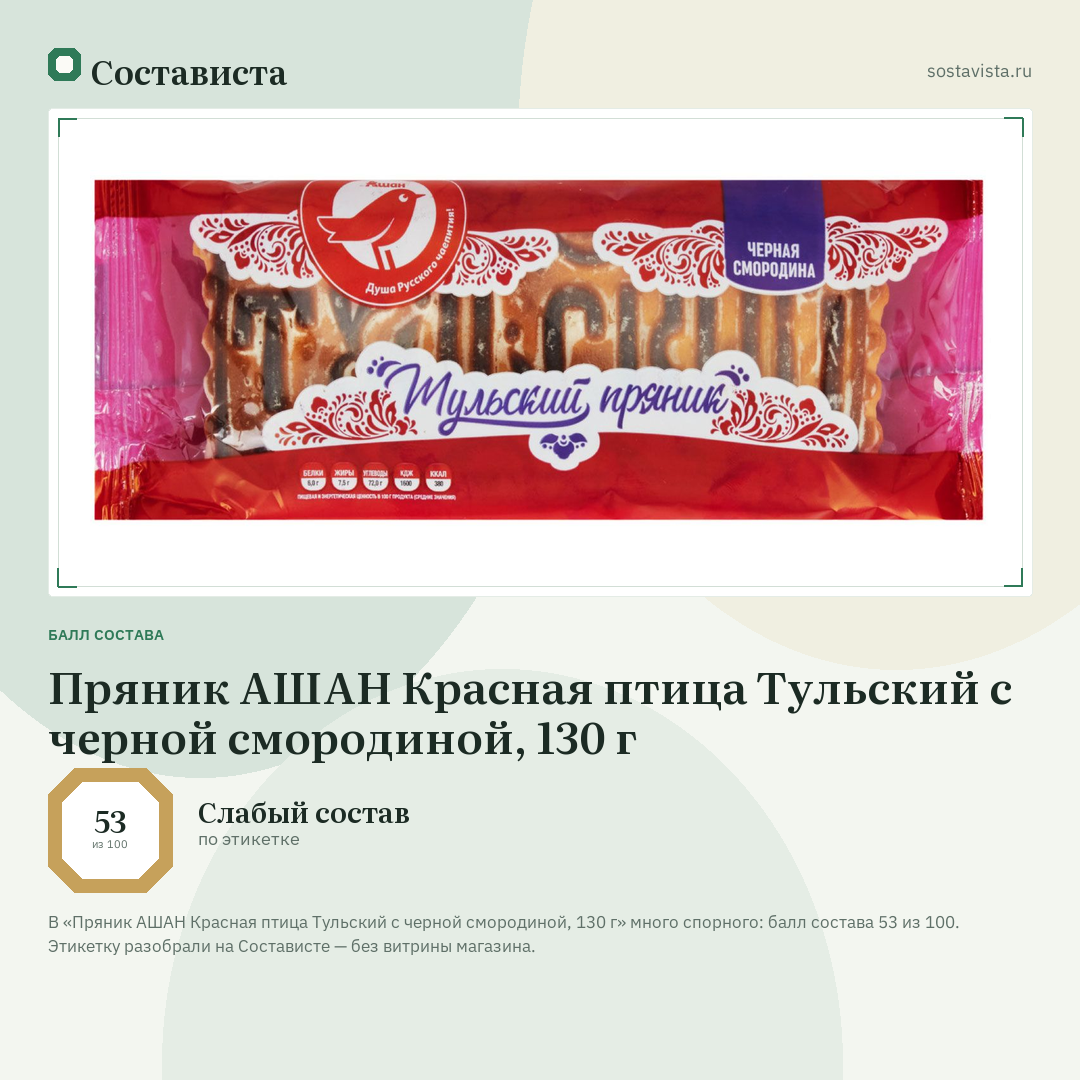 Пряник АШАН Красная птица Тульский с черной смородиной, 130 г: балл состава 53 из 100 — Состависта
