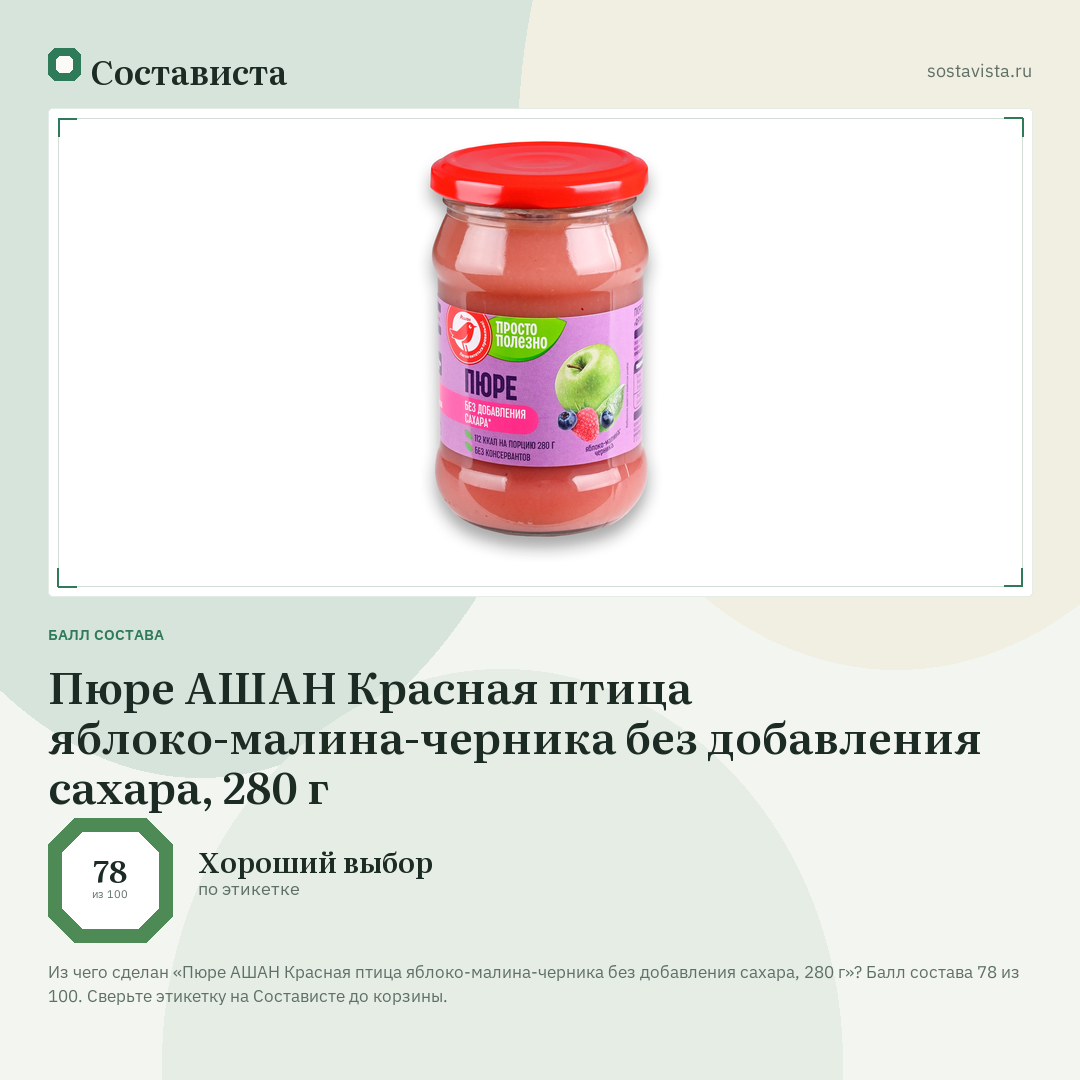 Пюре АШАН Красная птица яблоко-малина-черника без добавления сахара, 280 г: балл состава 78 из 100 — Состависта