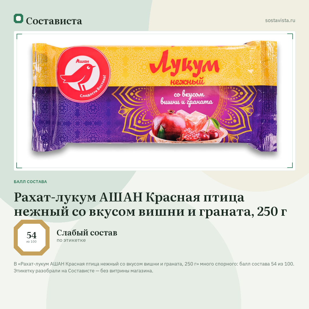 Рахат-лукум АШАН Красная птица нежный со вкусом вишни и граната, 250 г: балл состава 54 из 100 — Состависта