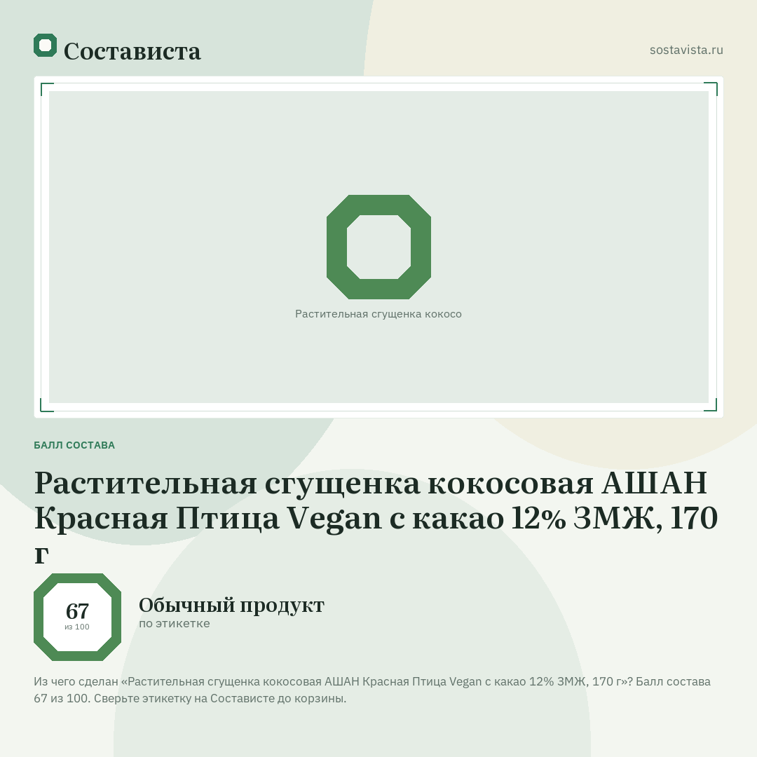 Растительная сгущенка кокосовая АШАН Красная Птица Vegan с какао 12% ЗМЖ, 170 г: балл состава 67 из 100 — Состависта