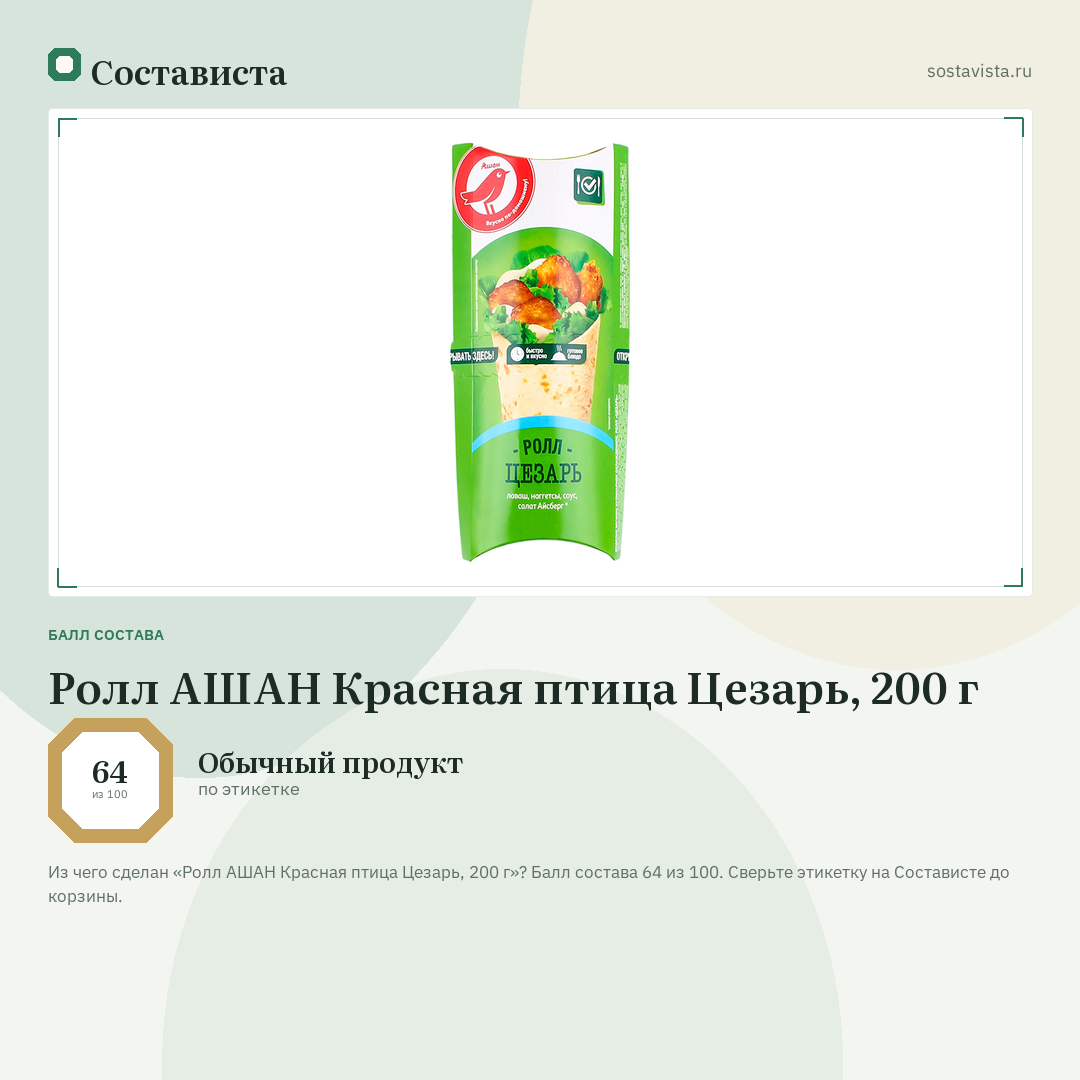 Ролл АШАН Красная птица Цезарь, 200 г: балл состава 64 из 100 — Состависта