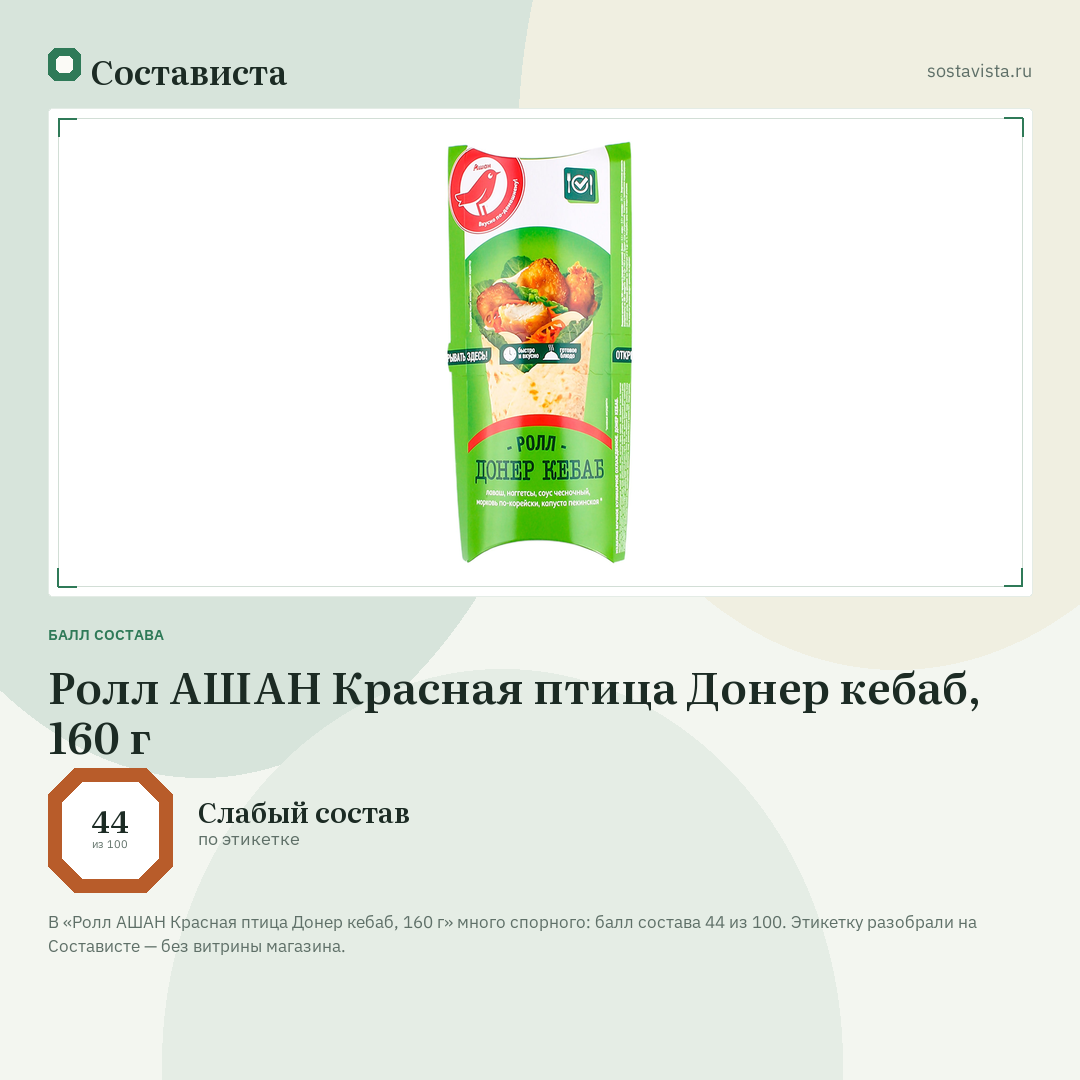 Ролл АШАН Красная птица Донер кебаб, 160 г: балл состава 44 из 100 — Состависта