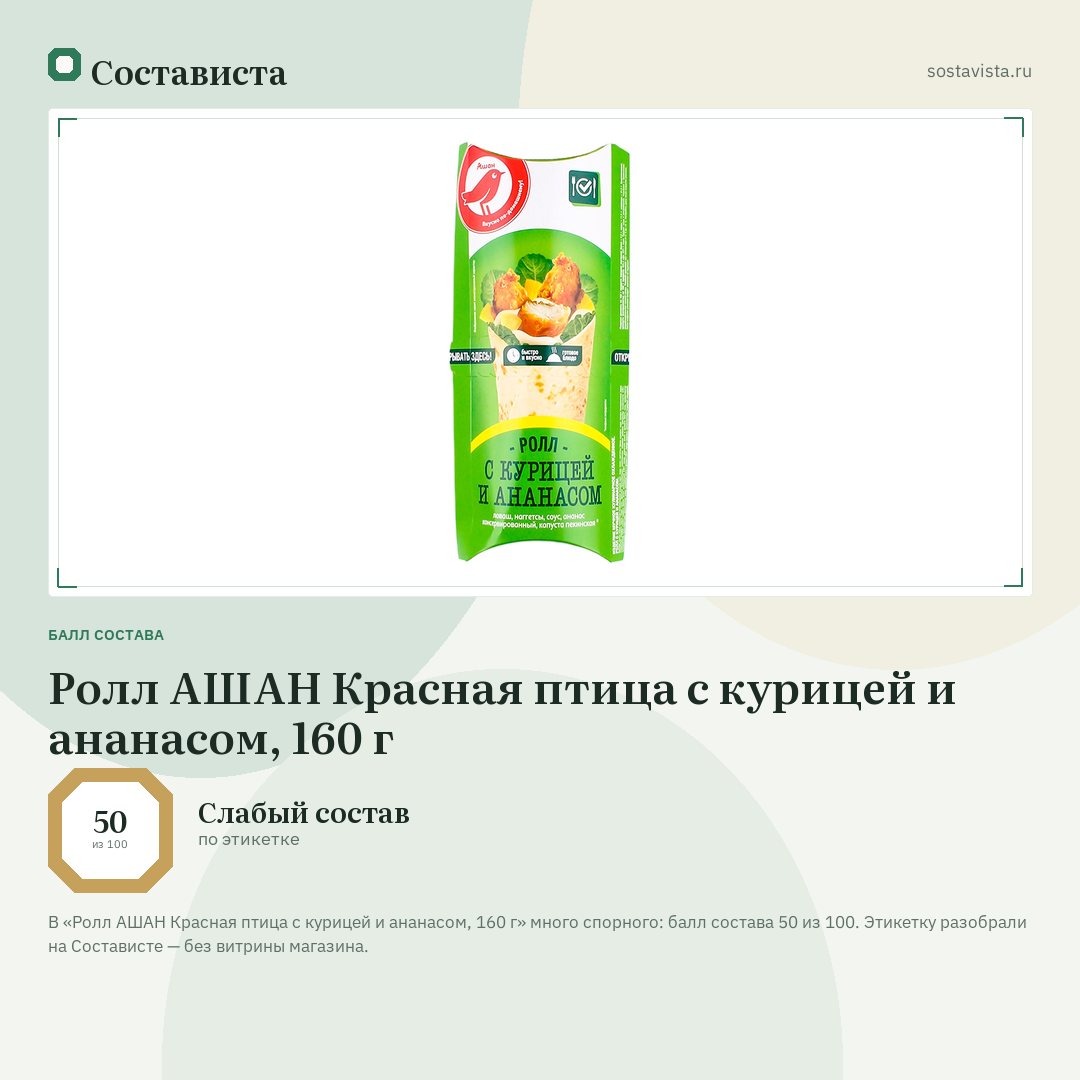 Ролл АШАН Красная птица с курицей и ананасом, 160 г: балл состава 50 из 100 — Состависта