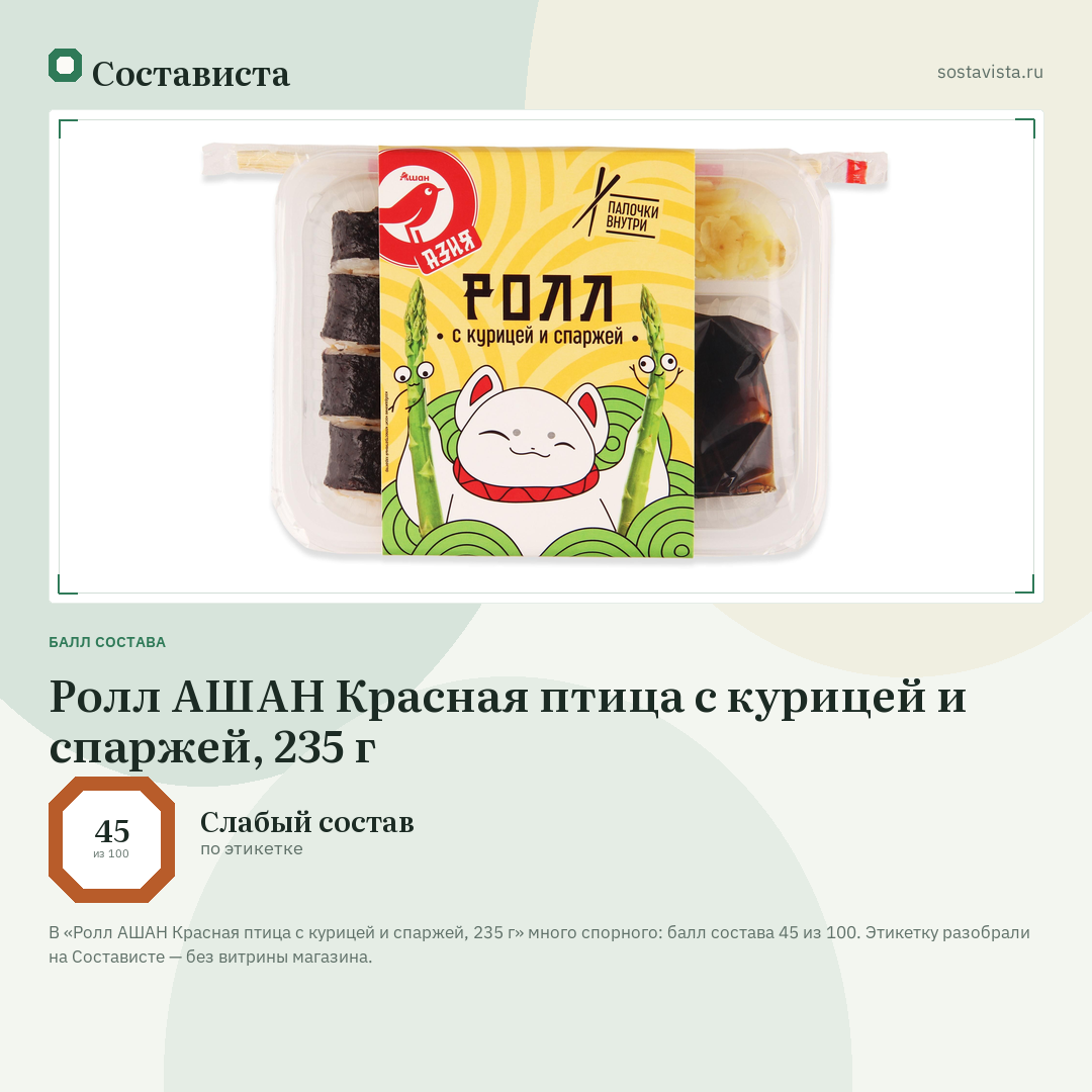 Ролл АШАН Красная птица с курицей и спаржей, 235 г: балл состава 45 из 100 — Состависта