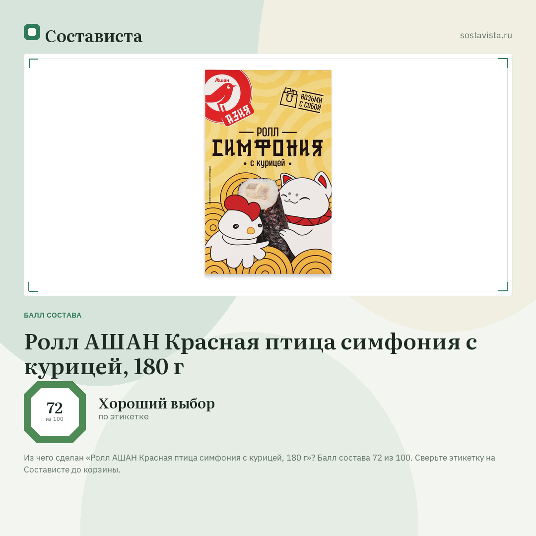 Ролл АШАН Красная птица симфония с курицей, 180 г: балл состава 72 из 100 — Состависта