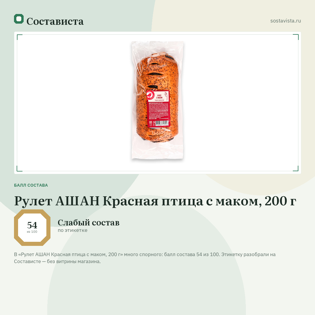 Рулет АШАН Красная птица с маком, 200 г: балл состава 54 из 100 — Состависта