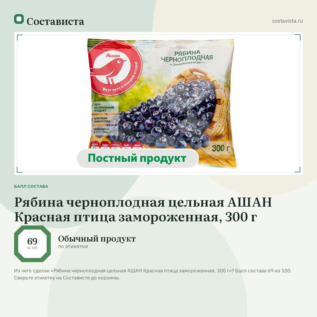 Рябина черноплодная цельная АШАН Красная птица замороженная, 300 г: балл состава 69 из 100 — Состависта