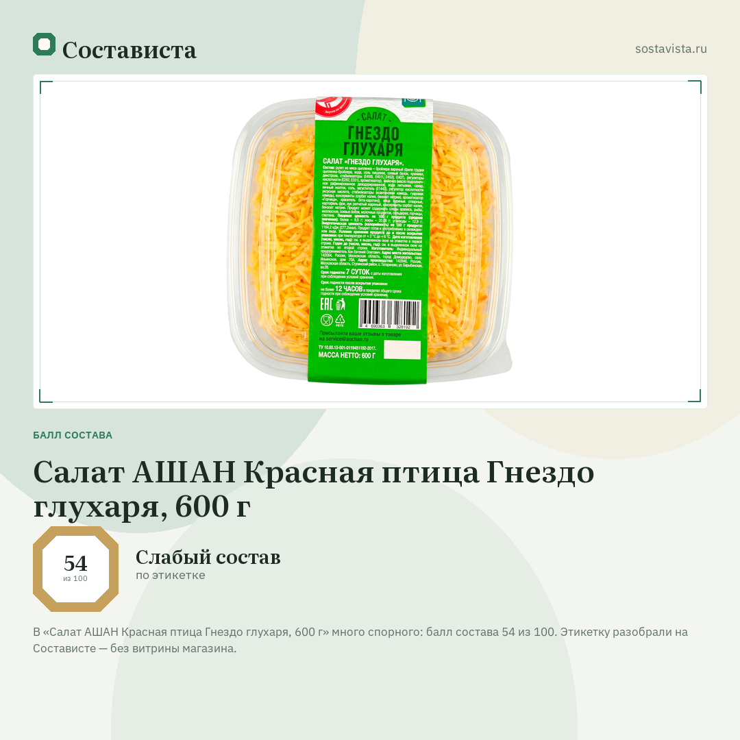 Салат АШАН Красная птица Гнездо глухаря, 600 г: балл состава 54 из 100 — Состависта