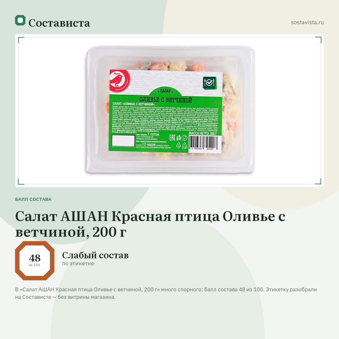 Салат АШАН Красная птица Оливье с ветчиной, 200 г: балл состава 48 из 100 — Состависта