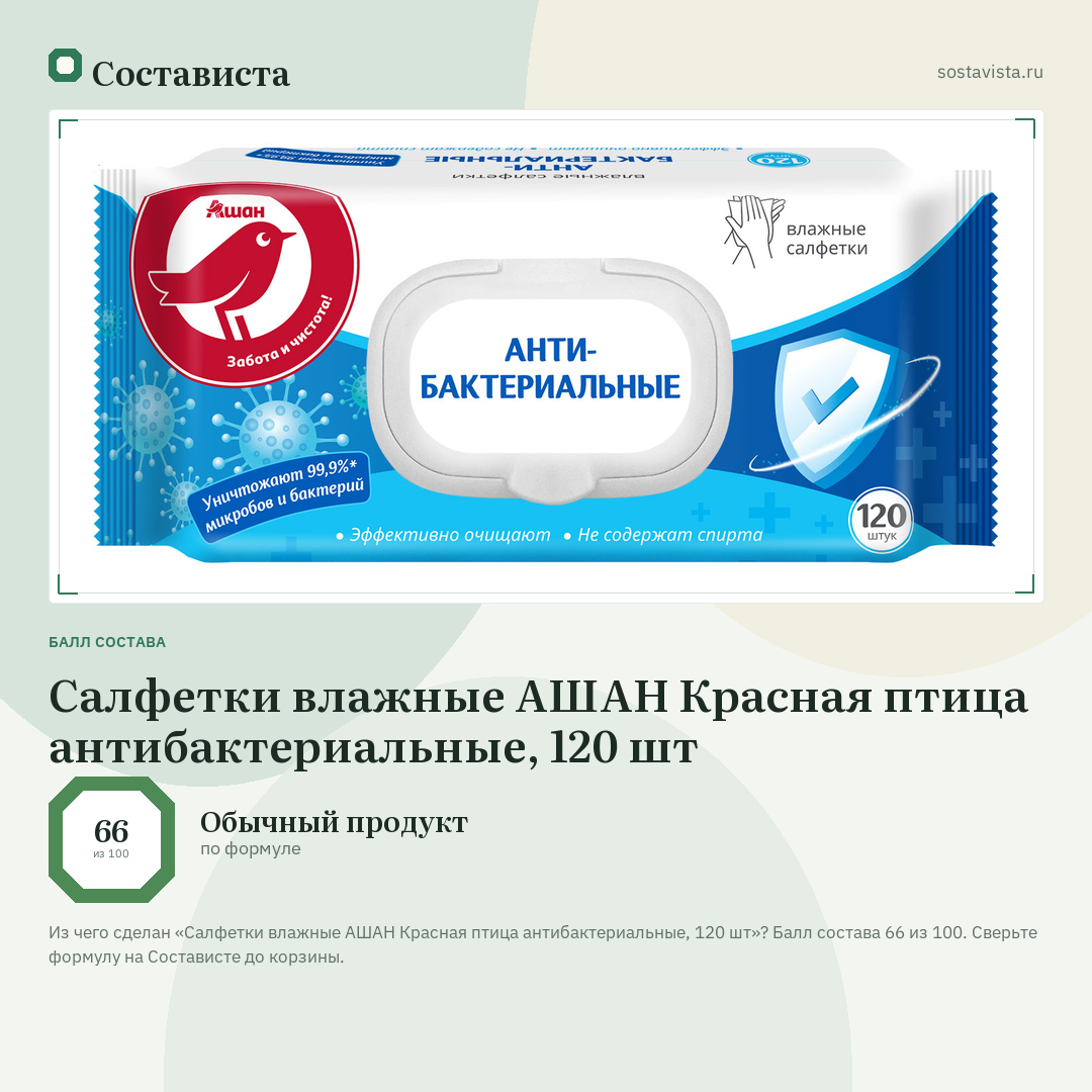 Салфетки влажные АШАН Красная птица антибактериальные, 120 шт: балл состава 66 из 100 — Состависта