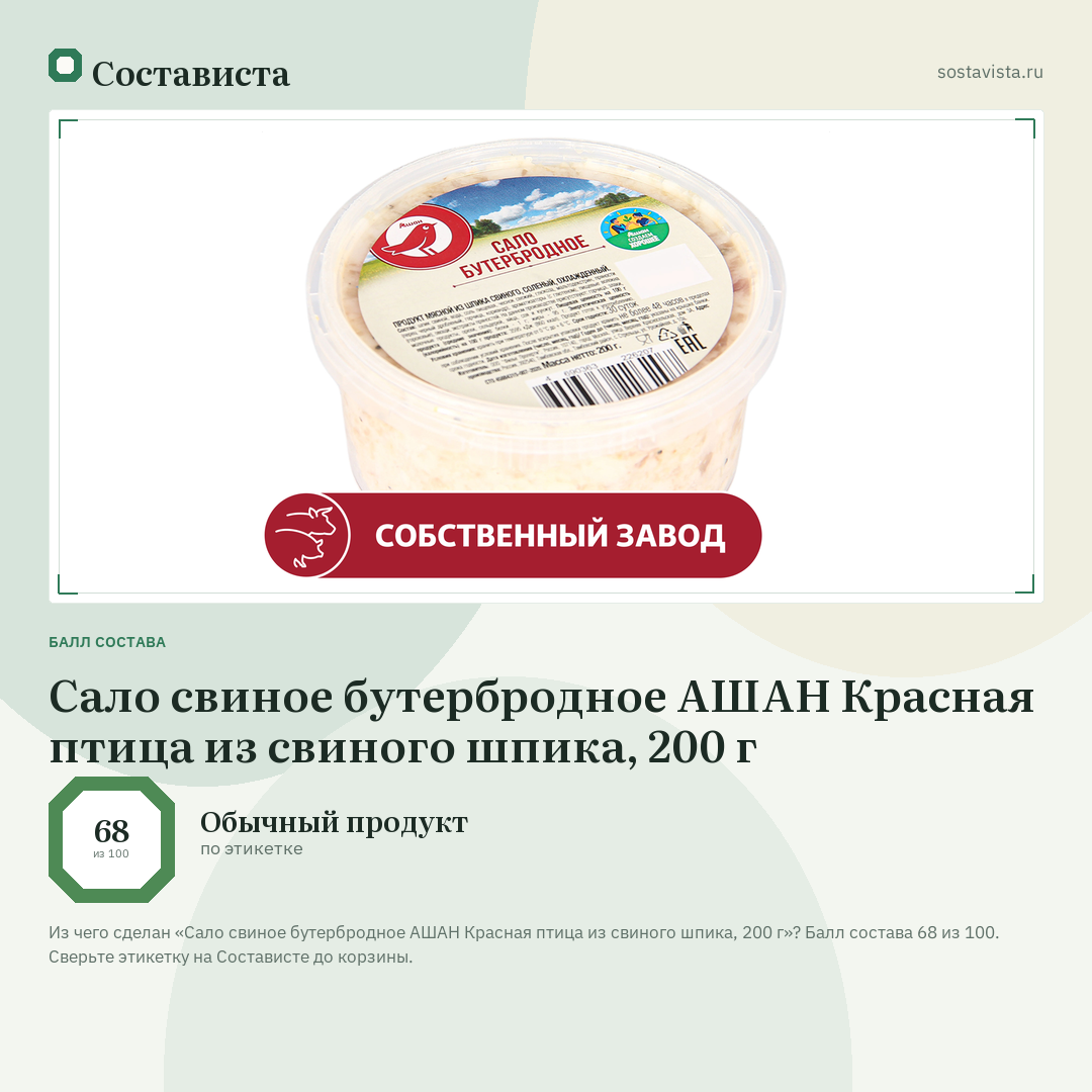 Сало свиное бутербродное АШАН Красная птица из свиного шпика, 200 г: балл состава 68 из 100 — Состависта
