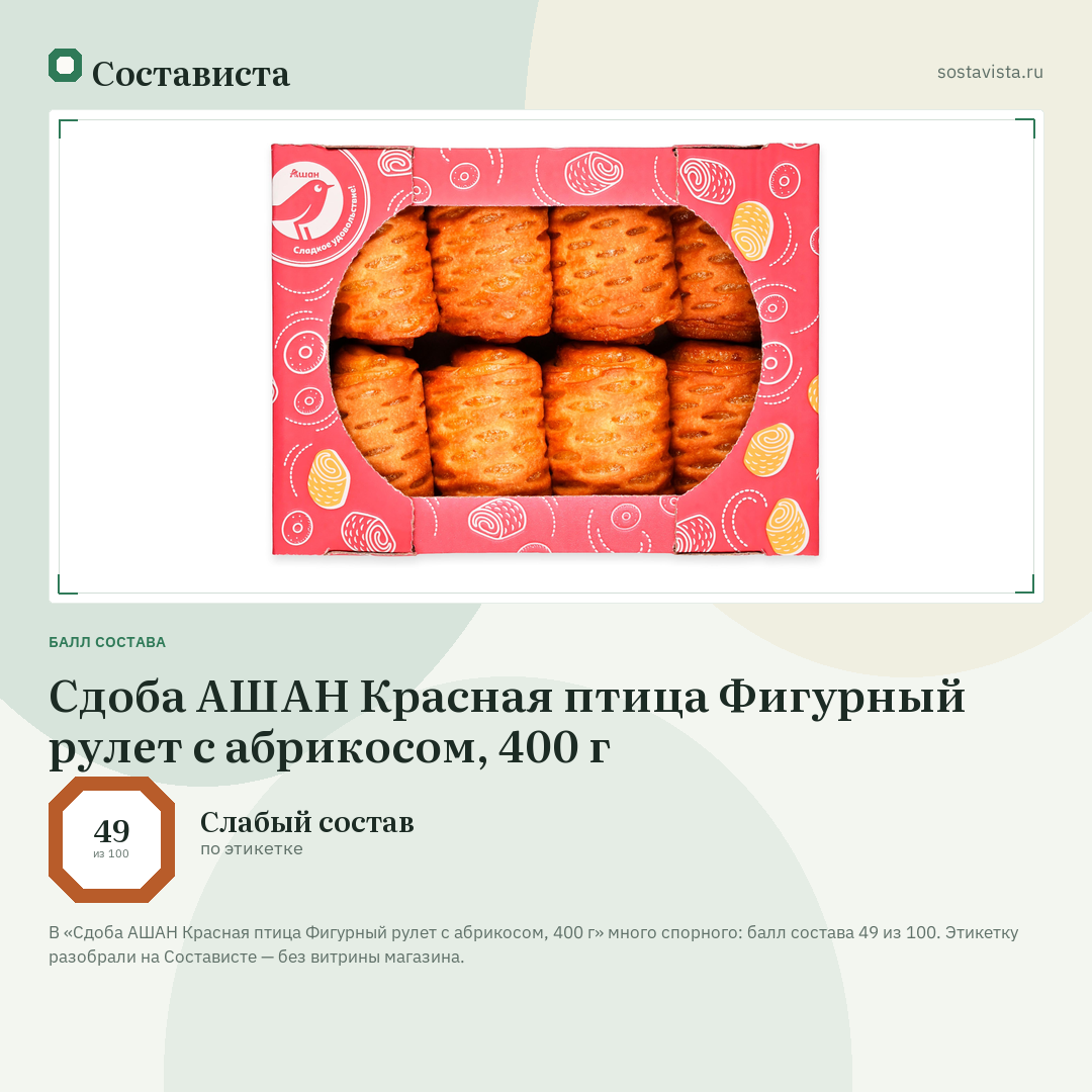 Сдоба АШАН Красная птица Фигурный рулет с абрикосом, 400 г: балл состава 49 из 100 — Состависта