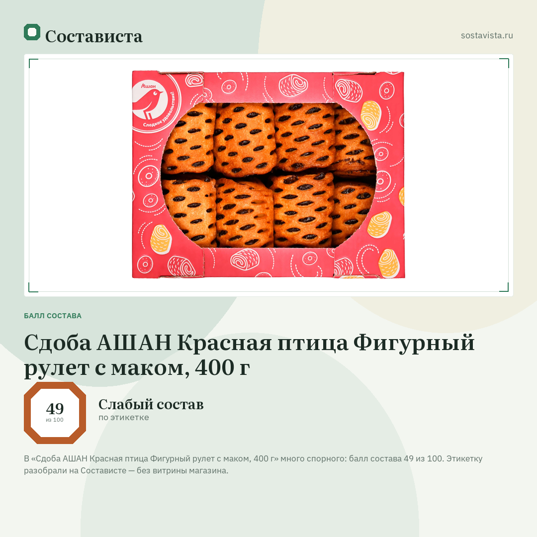 Сдоба АШАН Красная птица Фигурный рулет с маком, 400 г: балл состава 49 из 100 — Состависта