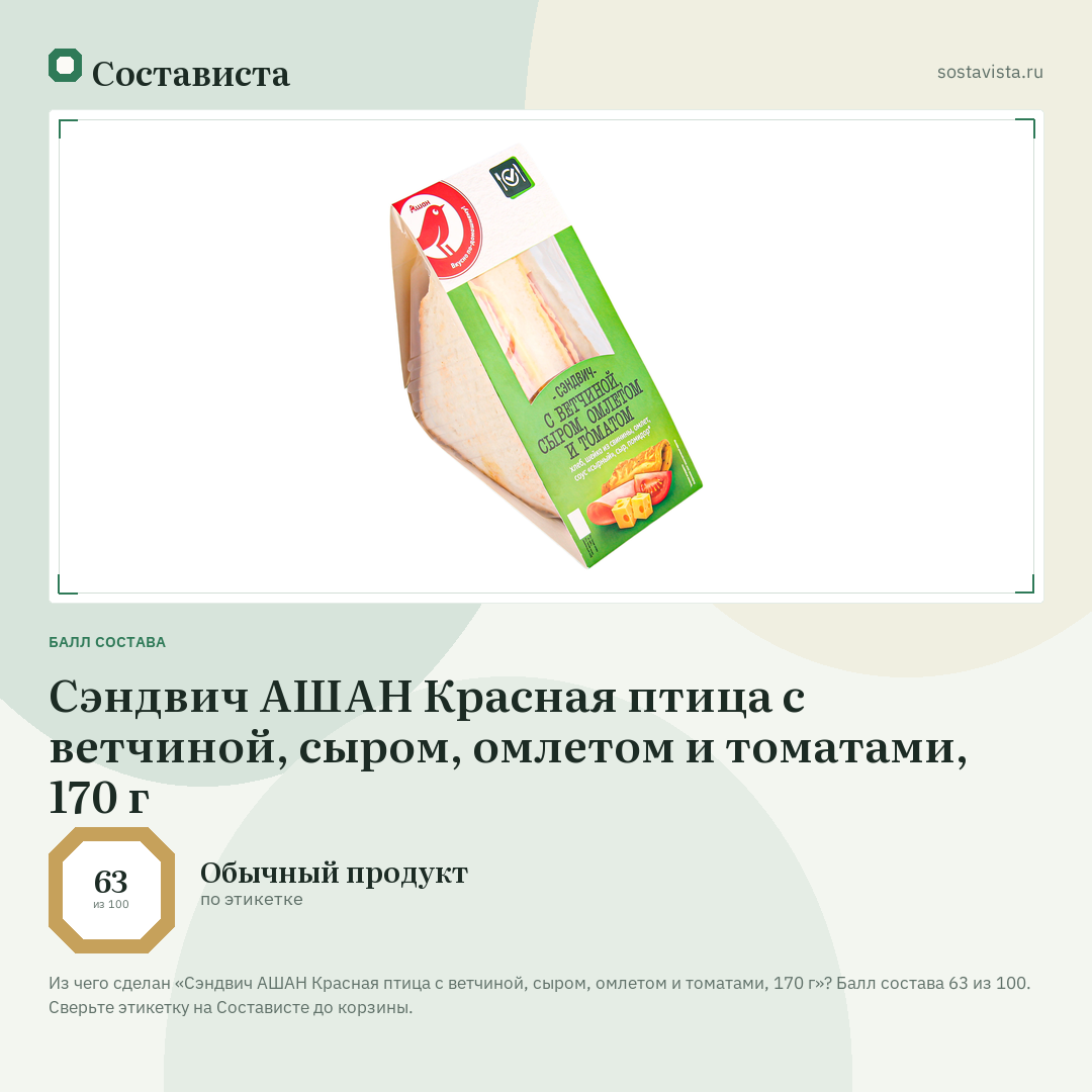 Сэндвич АШАН Красная птица с ветчиной, сыром, омлетом и томатами, 170 г: балл состава 63 из 100 — Состависта