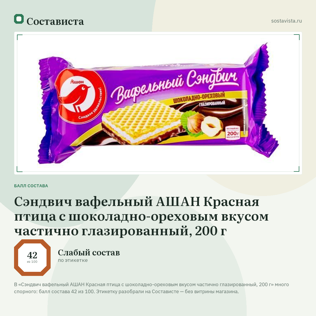 Сэндвич вафельный АШАН Красная птица с шоколадно-ореховым вкусом частично глазированный, 200 г: балл состава 42 из 100 — Состависта