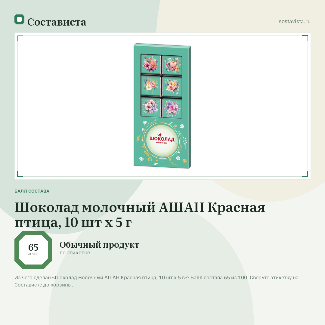 Шоколад молочный АШАН Красная птица, 10 шт х 5 г: балл состава 65 из 100 — Состависта