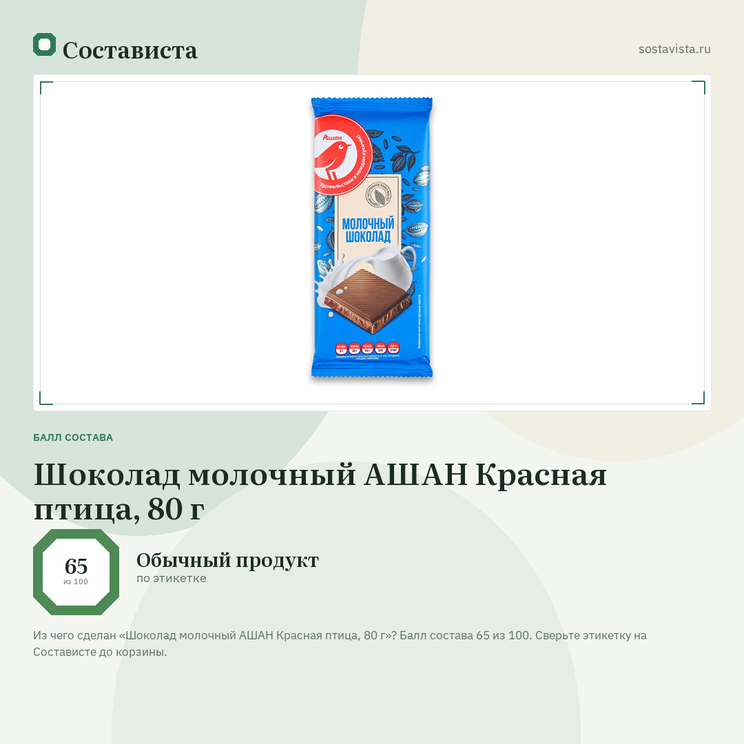 Шоколад молочный АШАН Красная птица, 80 г: балл состава 65 из 100 — Состависта