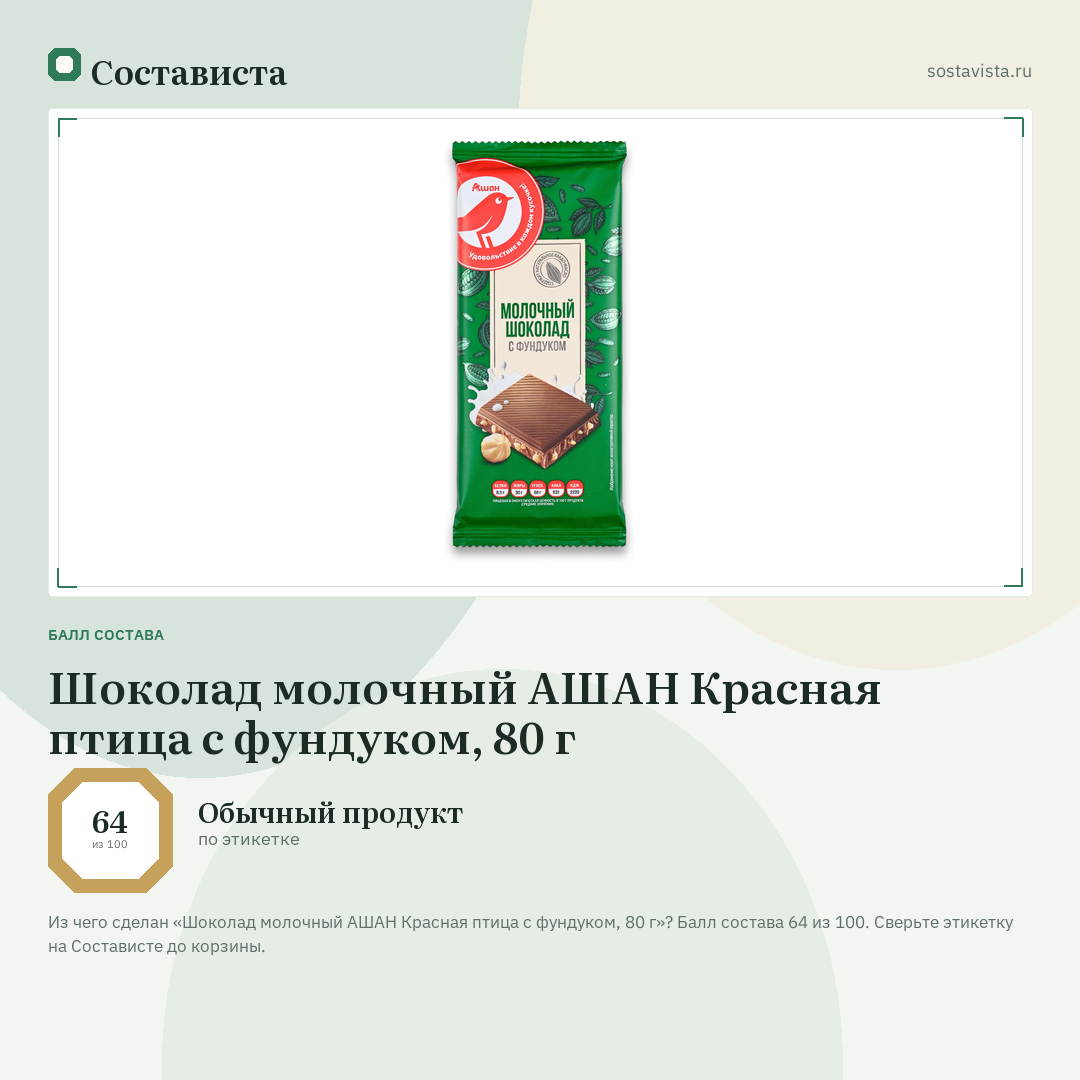 Шоколад молочный АШАН Красная птица с фундуком, 80 г: балл состава 64 из 100 — Состависта