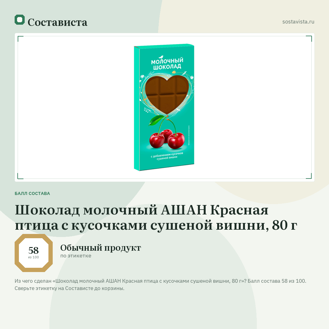 Шоколад молочный АШАН Красная птица с кусочками сушеной вишни, 80 г: балл состава 58 из 100 — Состависта