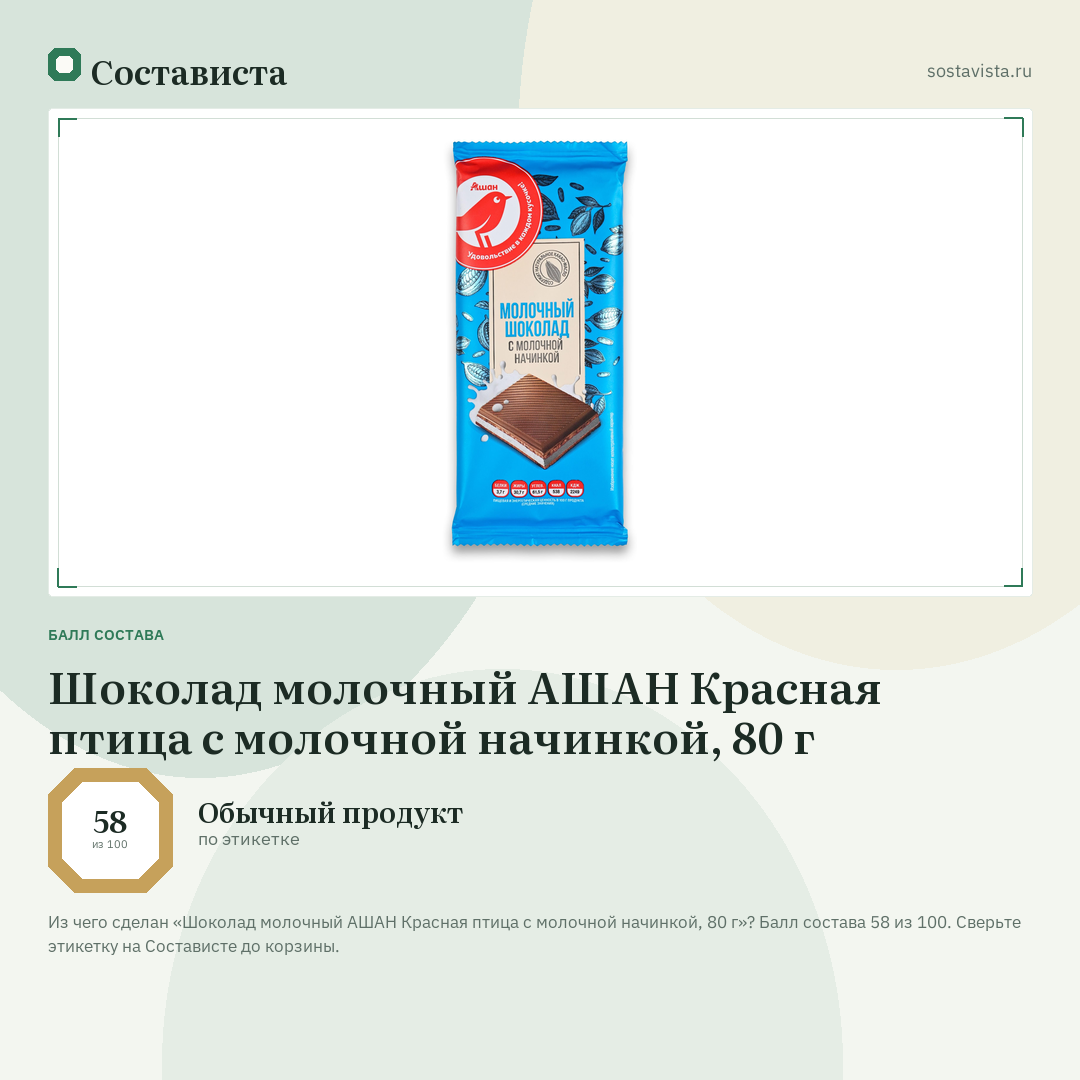 Шоколад молочный АШАН Красная птица с молочной начинкой, 80 г: балл состава 58 из 100 — Состависта
