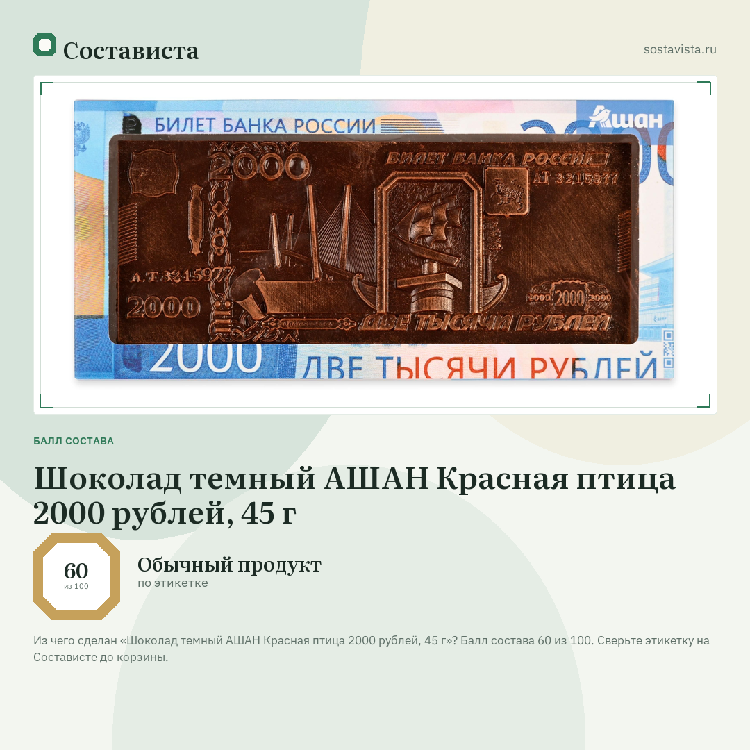 Шоколад темный АШАН Красная птица 2000 рублей, 45 г: балл состава 60 из 100 — Состависта