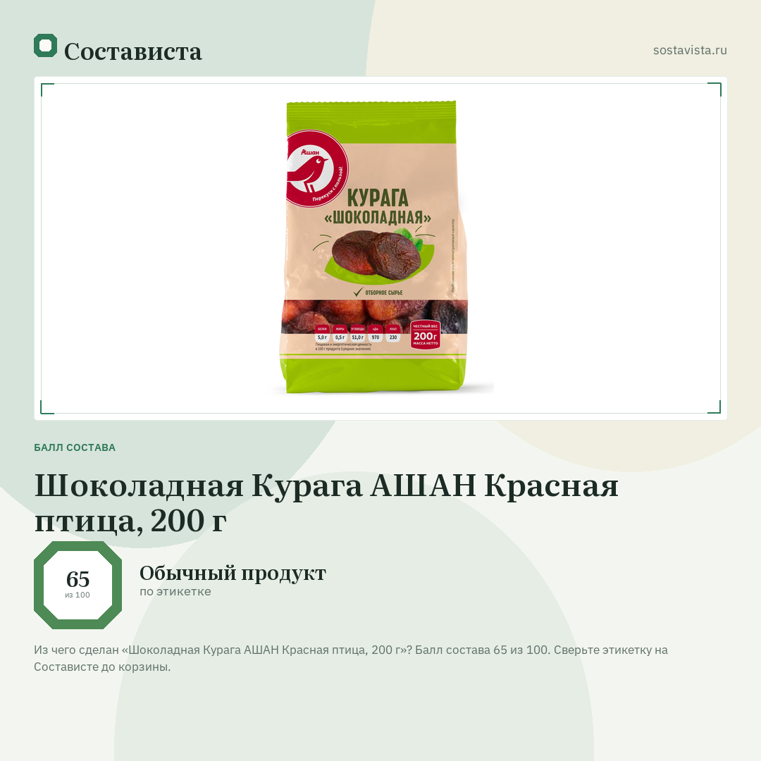 Шоколадная Курага АШАН Красная птица, 200 г: балл состава 65 из 100 — Состависта