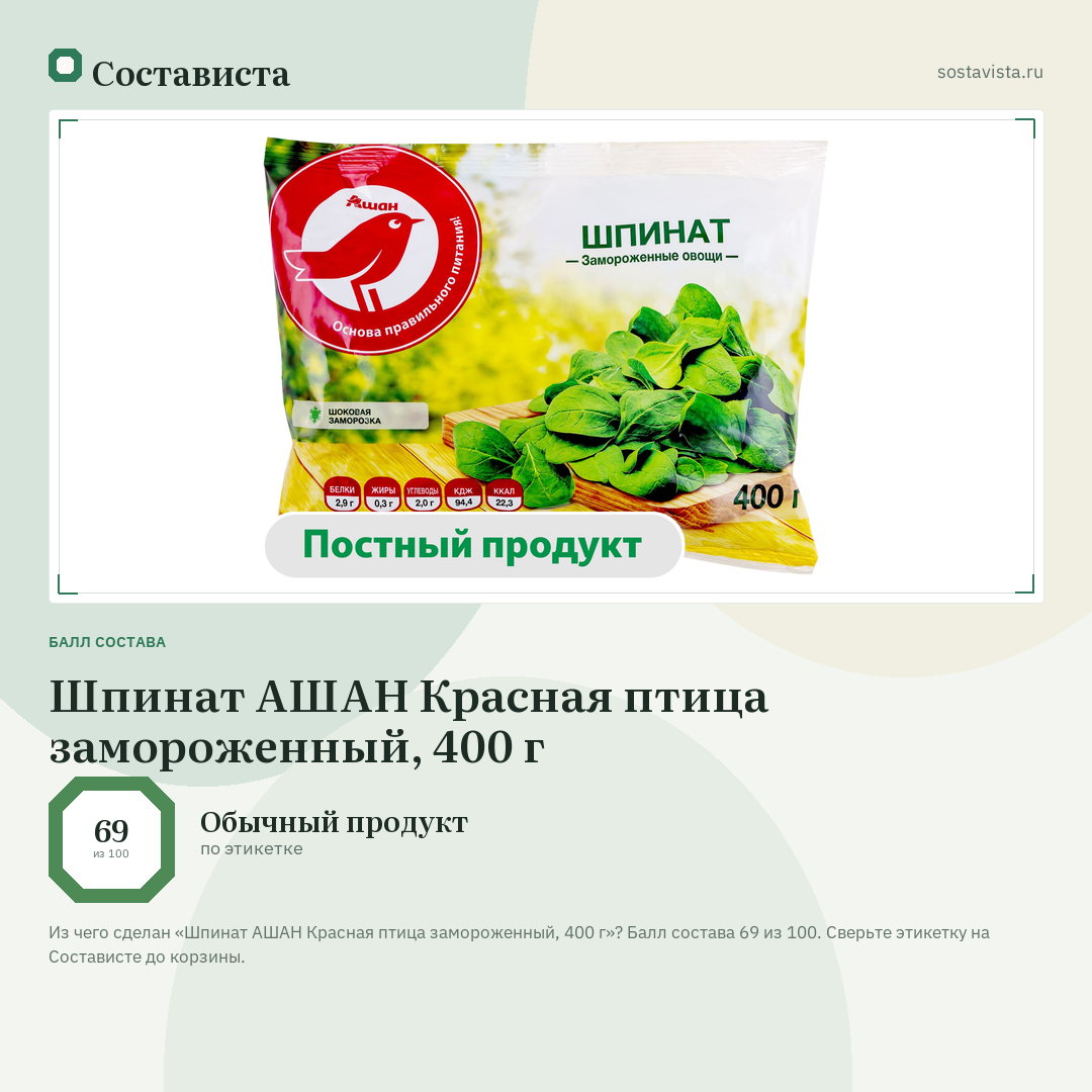 Шпинат АШАН Красная птица замороженный, 400 г: балл состава 69 из 100 — Состависта